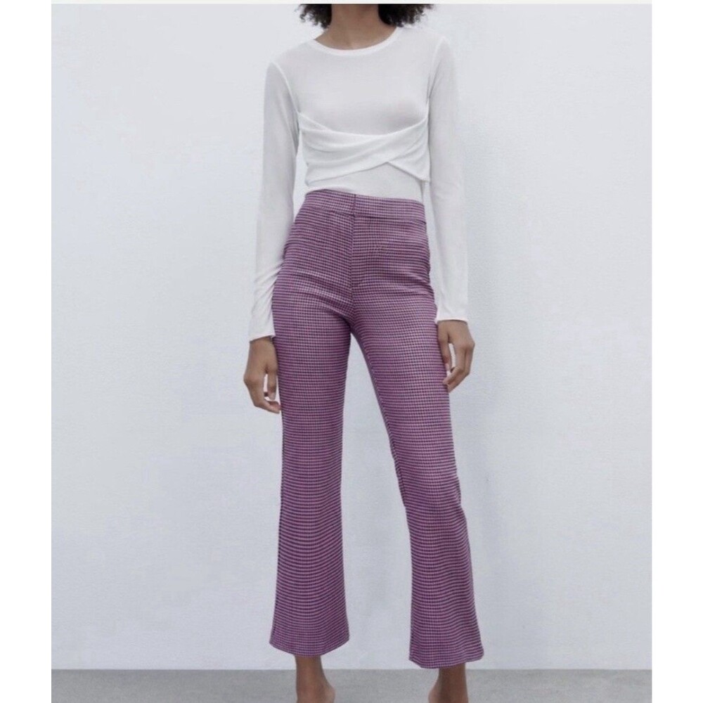 NWT ZARA HOUNDSTOOTH MINI FLARE PANTS Size XS Pink/purple